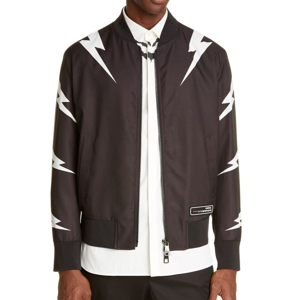 Neil Barrett Thunderbolt Black Bomber Jacket Men's XXL Full Zip Blade Collar